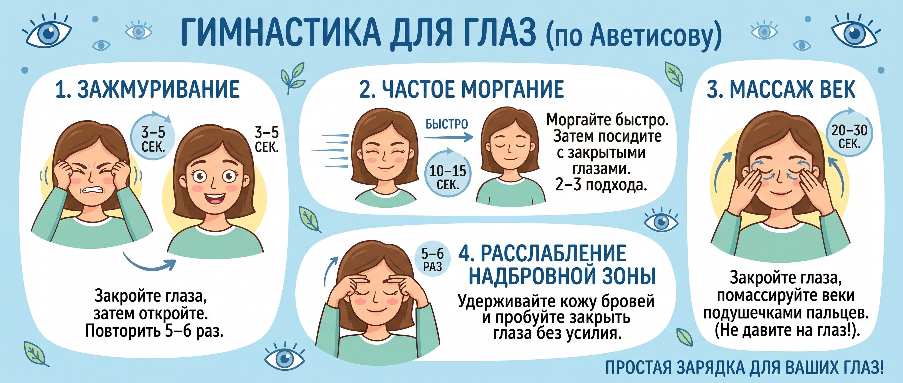 Первый комплекс упражнений гимнастики для глаз по Аветисову